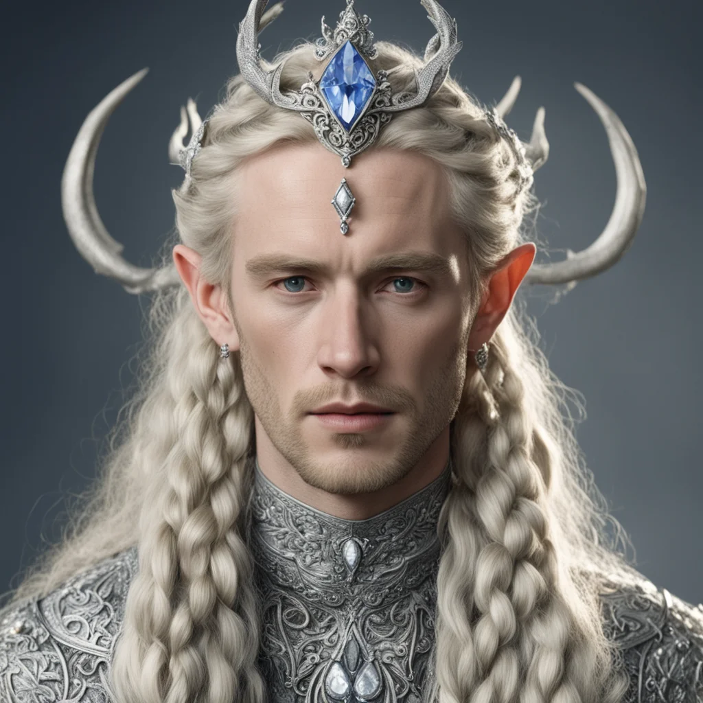 aitolkien king oropher with blond hair and braids wearing miniature silver elk encrusted with diamonds on a silver elvish circlet with large center diamond good looking trending fantastic 1