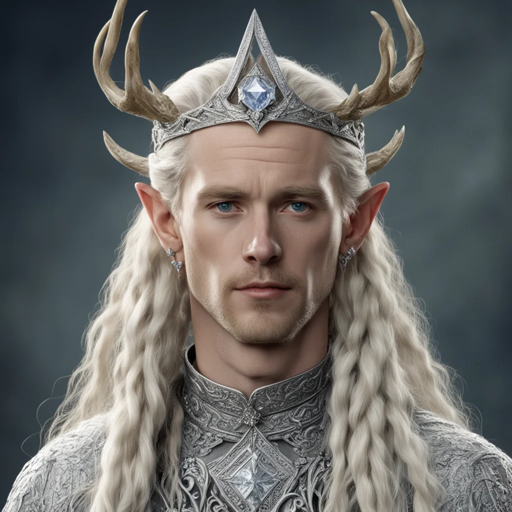 aitolkien king oropher with blond hair and braids wearing miniature silver elk encrusted with diamonds on a silver elvish circlet with large center diamond