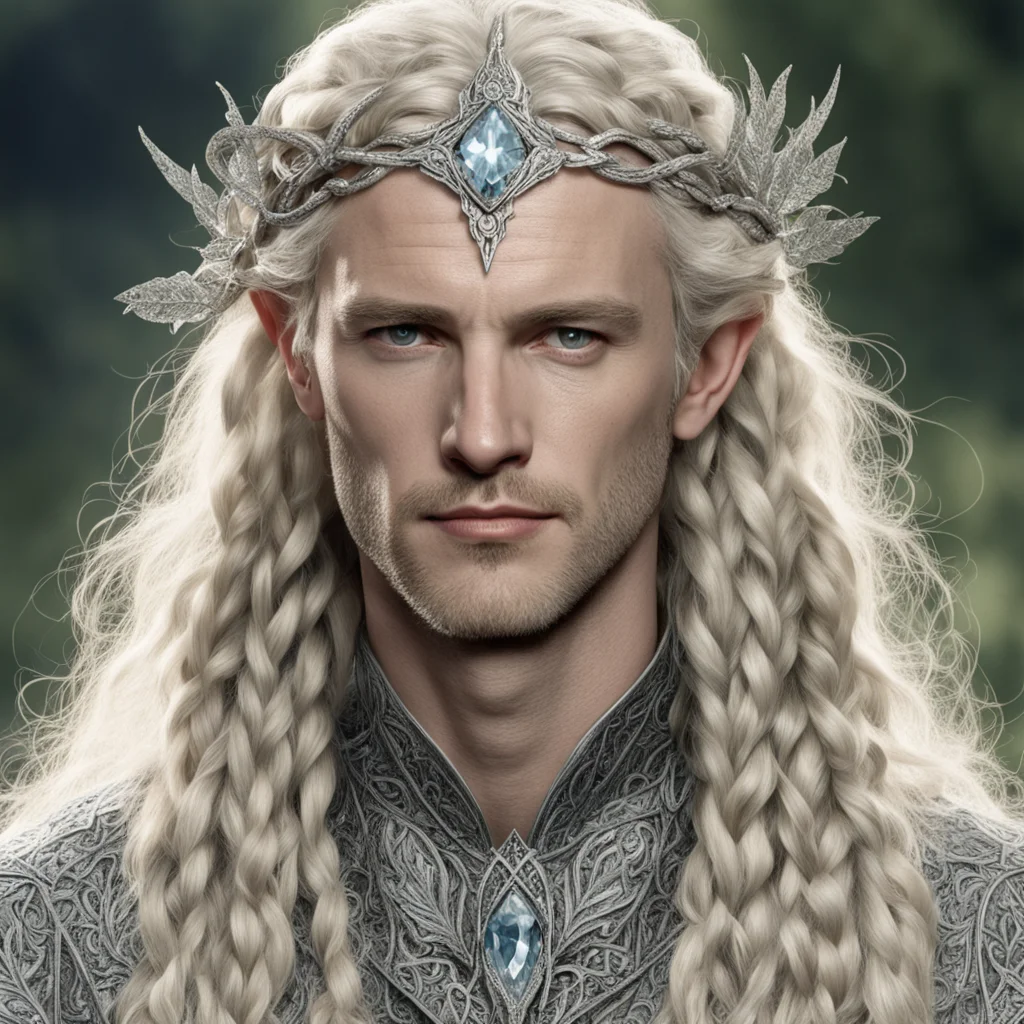 aitolkien king oropher with blond hair and braids wearing silver beech leaf encrusted with diamonds forming silver serpentine elvish circlet with large center diamond amazing awesome portrait 2