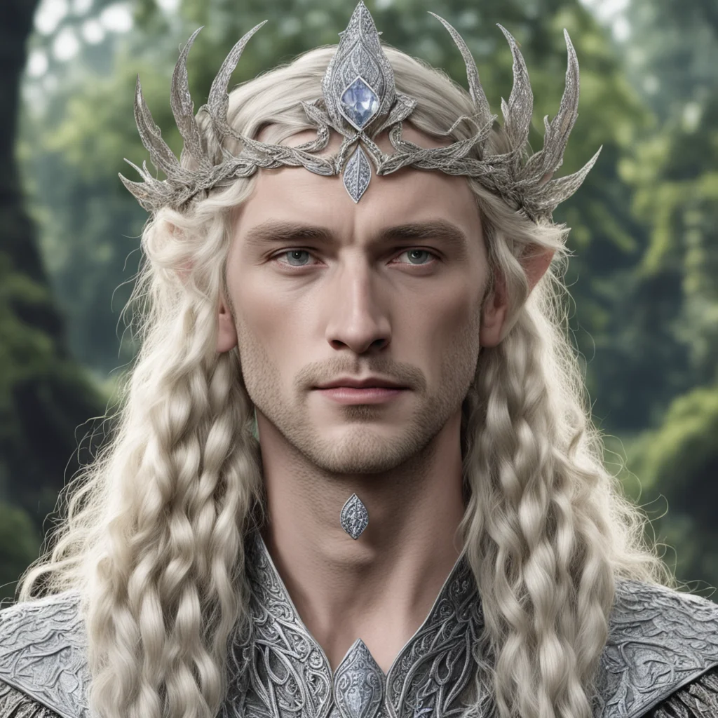 tolkien king oropher with blond hair and braids wearing silver beech leaf encrusted with diamonds forming silver serpentine elvish circlet with large center diamond