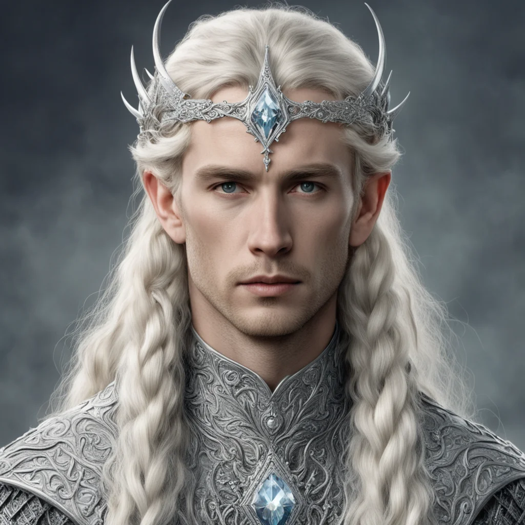 aitolkien king oropher with blond hair and braids wearing silver dragon encrusted with diamonds to form a silver elvish circlet with large center diamond amazing awesome portrait 2