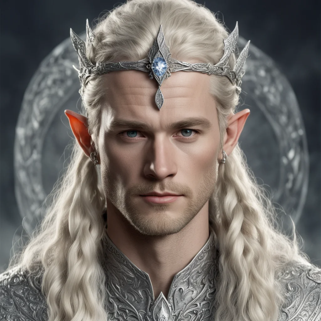 aitolkien king oropher with blond hair and braids wearing silver dragon encrusted with diamonds to form a silver elvish circlet with large center diamond good looking trending fantastic 1