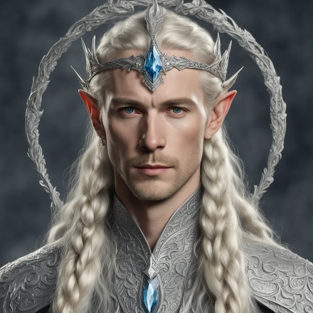 aitolkien king oropher with blond hair and braids wearing silver dragon encrusted with diamonds to form a silver elvish circlet with large center diamond