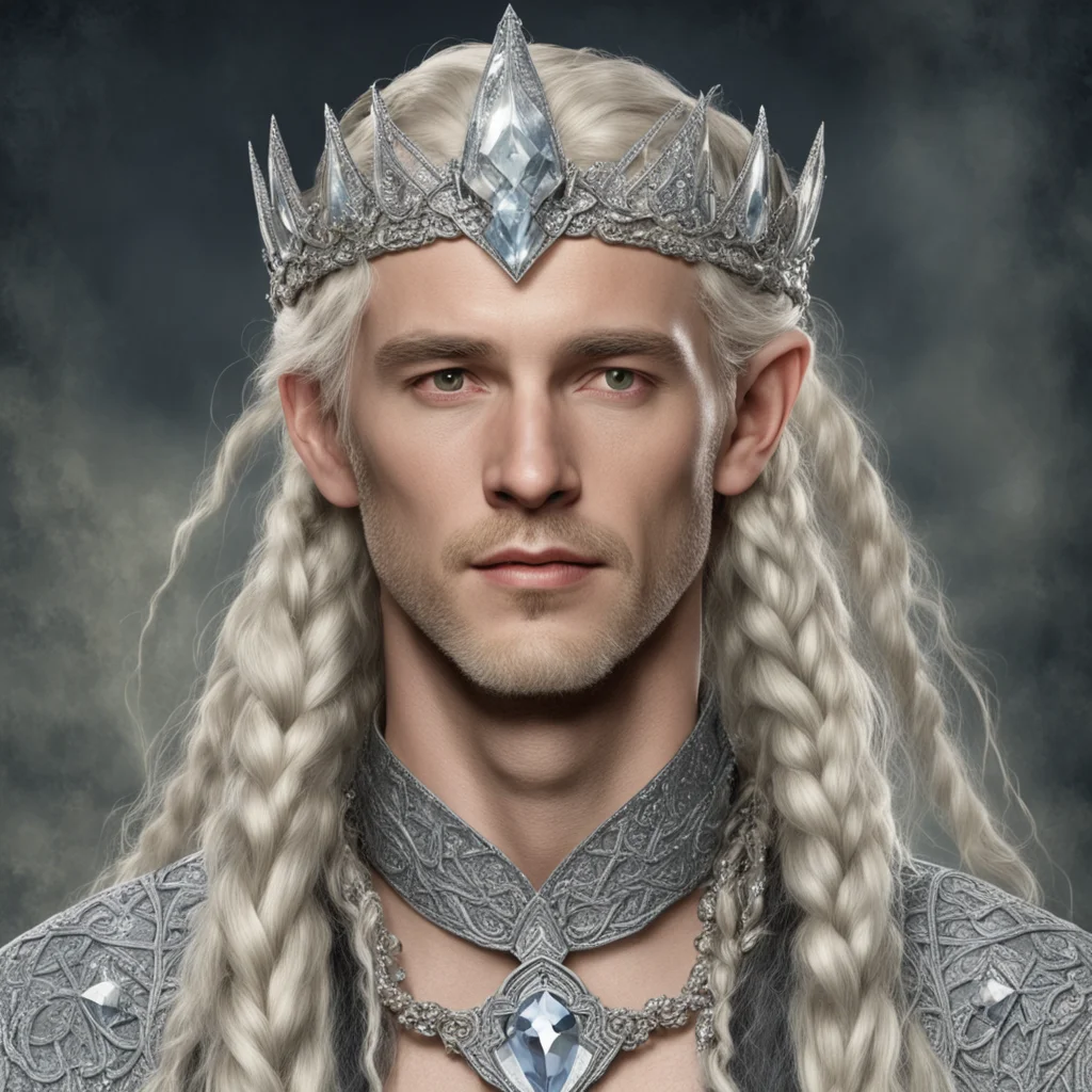 tolkien king oropher with blond hair and braids wearing silver elvish circlet encrusted with large diamonds with large center diamond