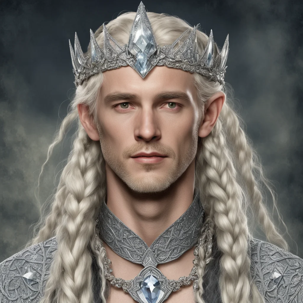 aitolkien king oropher with blond hair and braids wearing silver elvish circlet encrusted with large diamonds with large center diamond