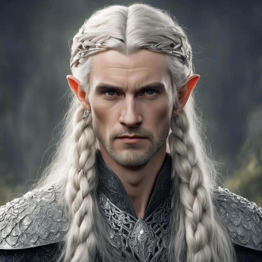tolkien king oropher with blond hair and braids wearing silver elvish hair forks encrusted with large diamonds 