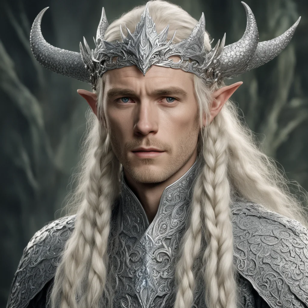 aitolkien king oropher with blond hair and braids wearing silver fiery dragon silver elvish circlet encrusted with diamonds with large center diamond  good looking trending fantastic 1