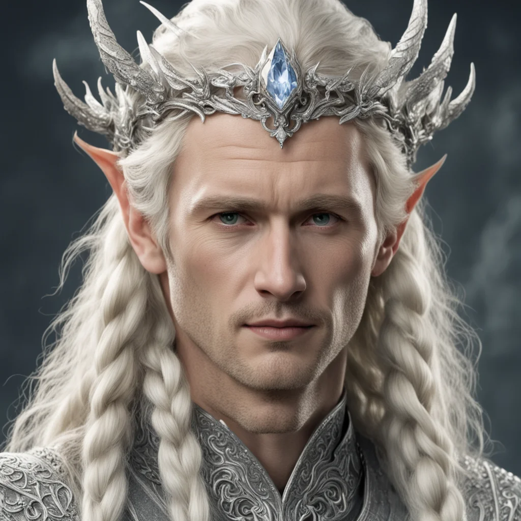 aitolkien king oropher with blond hair and braids wearing silver fiery dragon silver elvish circlet encrusted with diamonds with large center diamond 