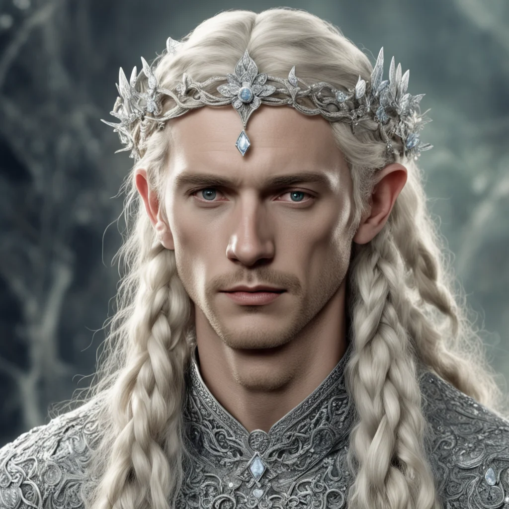 tolkien king oropher with blond hair and braids wearing silver flowers encrusted with diamonds forming a silver serpentine elvish circlet encrusted with diamonds with large center diamond confident 