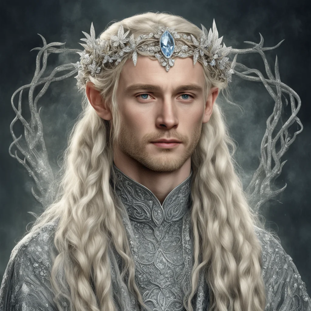 tolkien king oropher with blond hair and braids wearing silver flowers encrusted with diamonds forming a silver serpentine elvish circlet encrusted with diamonds with large center diamond good looki