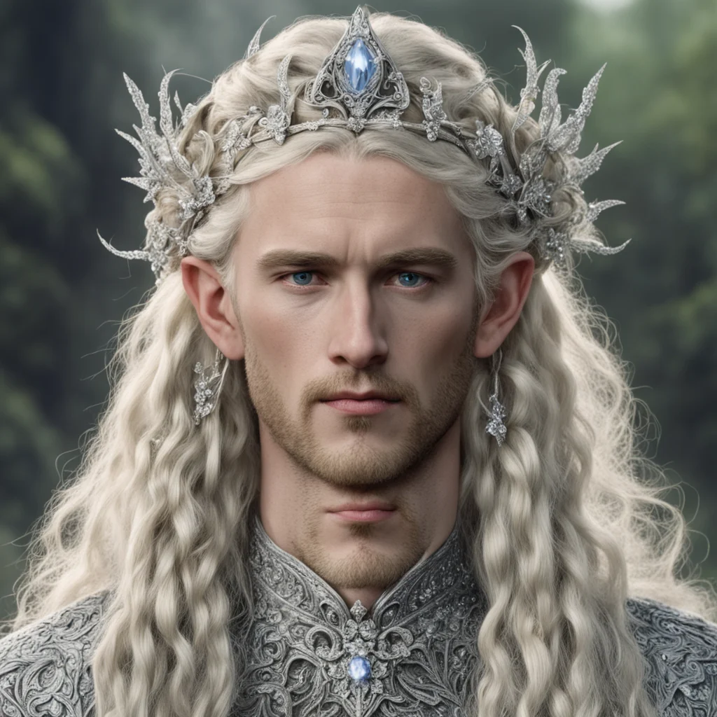aitolkien king oropher with blond hair and braids wearing silver flowers encrusted with diamonds to make silver elvish circlet with large center diamond confident engaging wow artstation art 3