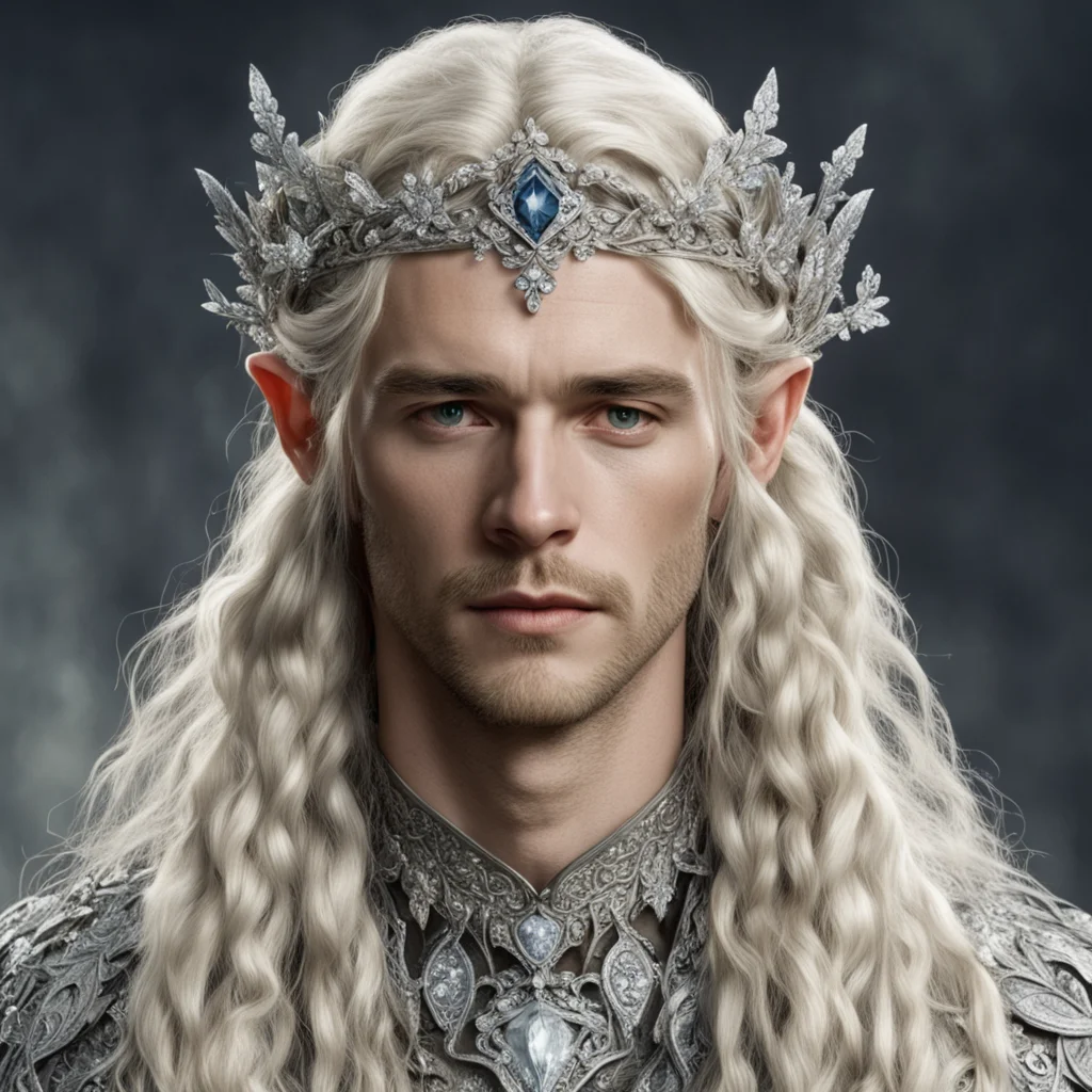 aitolkien king oropher with blond hair and braids wearing silver flowers encrusted with diamonds to make silver elvish circlet with large center diamond good looking trending fantastic 1