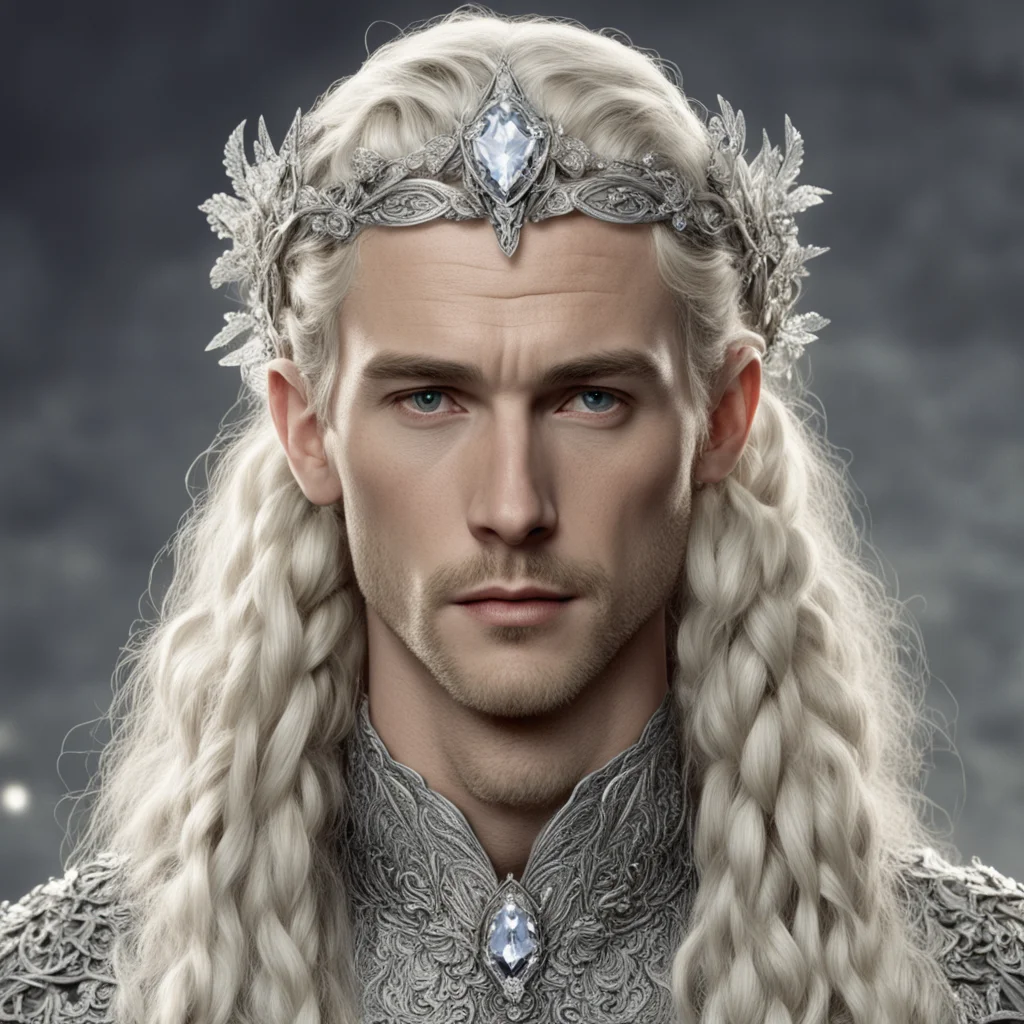 aitolkien king oropher with blond hair and braids wearing silver flowers encrusted with diamonds to make silver elvish circlet with large center diamond