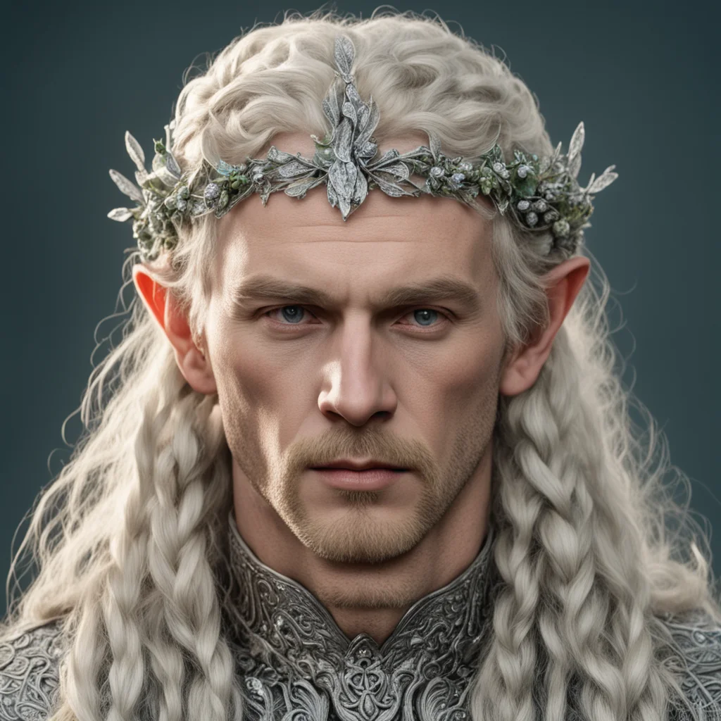 tolkien king oropher with blond hair and braids wearing silver holly leaves encrusted with diamonds with clusters of diamond berries to form a silver sindarin elvish circlet with large center diamon