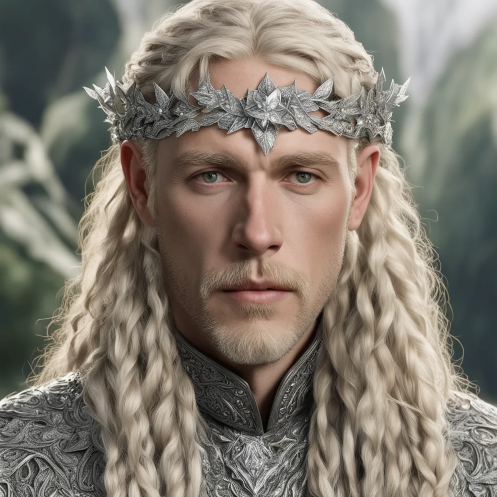 tolkien king oropher with blond hair and braids wearing silver holly leaves encrusted with diamonds with large center diamond