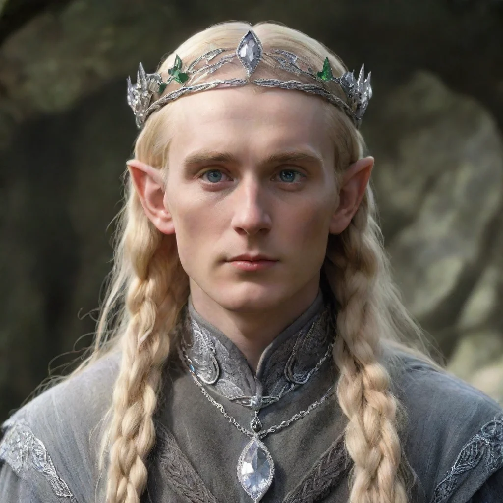 tolkien king oropher with blond hair and braids wearing silver laurel leaf encrusted with diamonds to form a silver elvish circlet encrusted with diamonds with large center diamond 