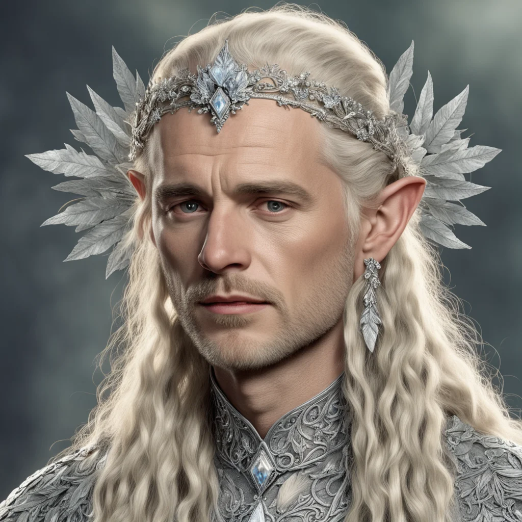 tolkien king oropher with blond hair and braids wearing silver laurel leaves encrusted with diamonds with clusters of diamonds to form a silver elvish circlet with large center diamond amazing aweso