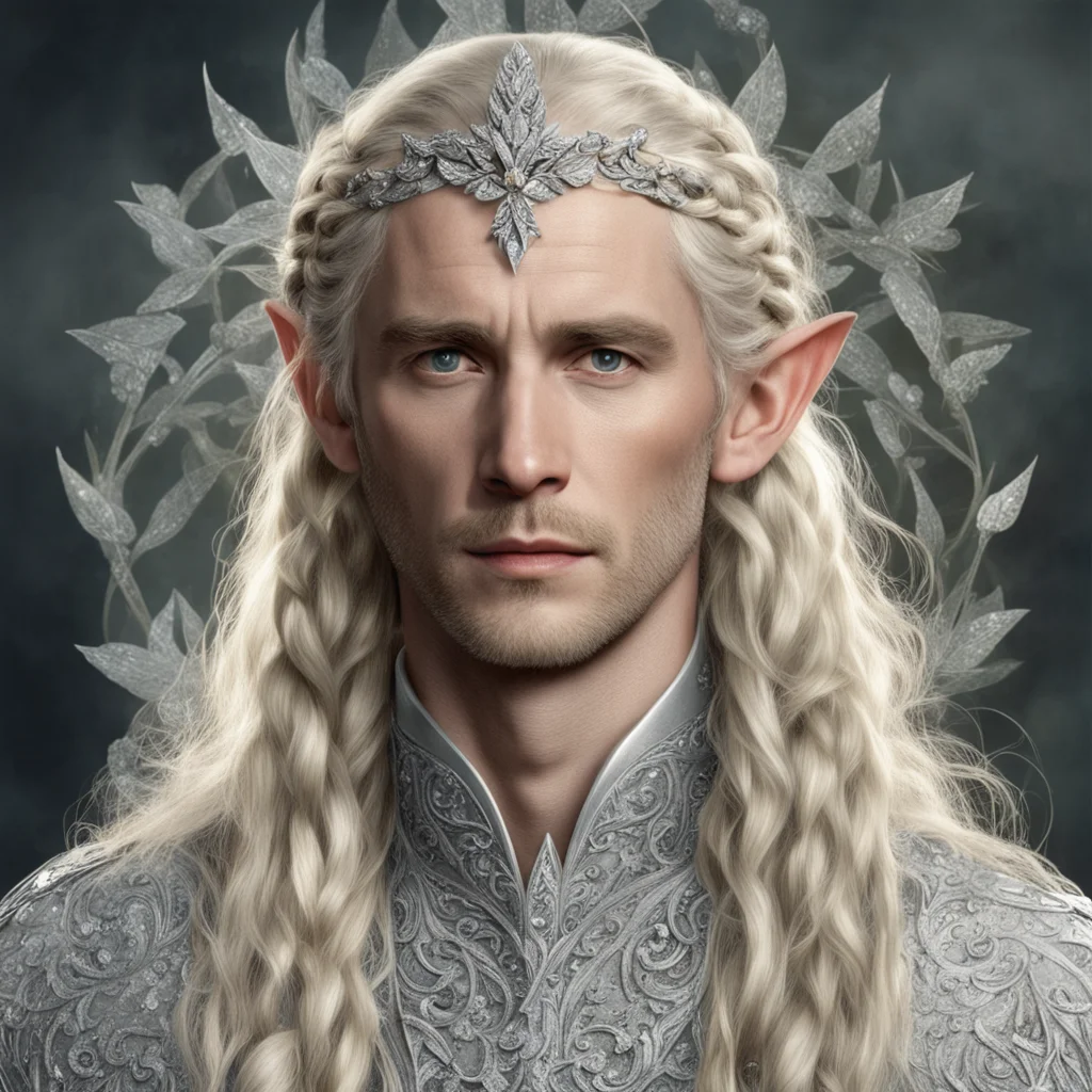 tolkien king oropher with blond hair and braids wearing silver laurel leaves encrusted with diamonds with clusters of diamonds to form a silver elvish circlet with large center diamond good looking 