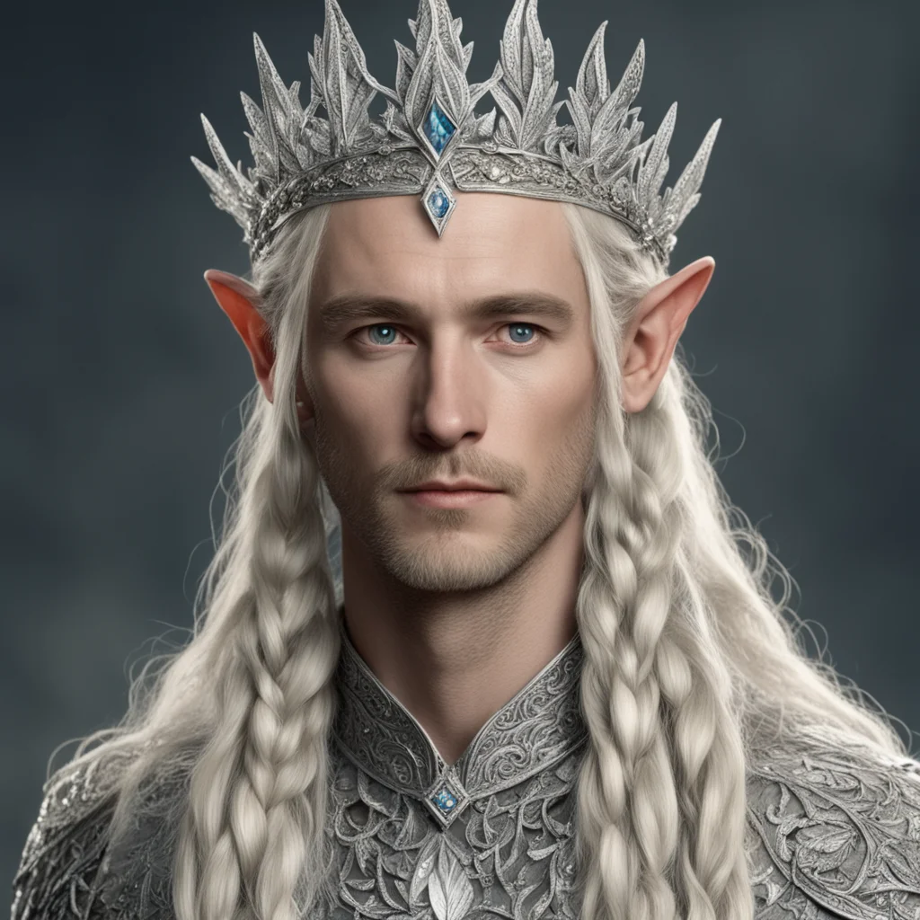 aitolkien king oropher with blond hair and braids wearing silver laurel leaves encrusted with diamonds with clusters of diamonds to form a silver elvish circlet with large center diamond