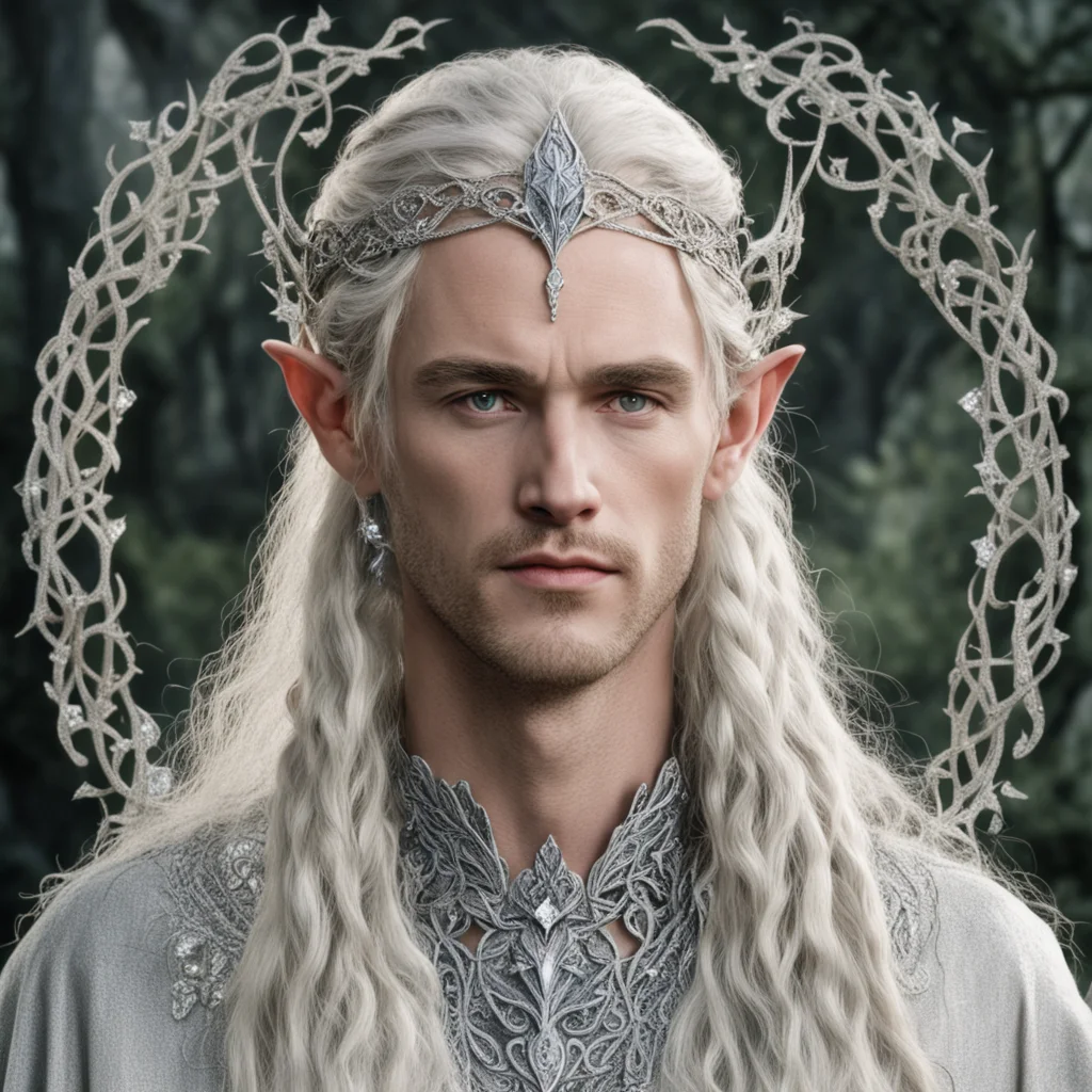 tolkien king oropher with blond hair and braids wearing silver leafy vines encrusted with diamonds to form silver elvish circlet with large center diamond