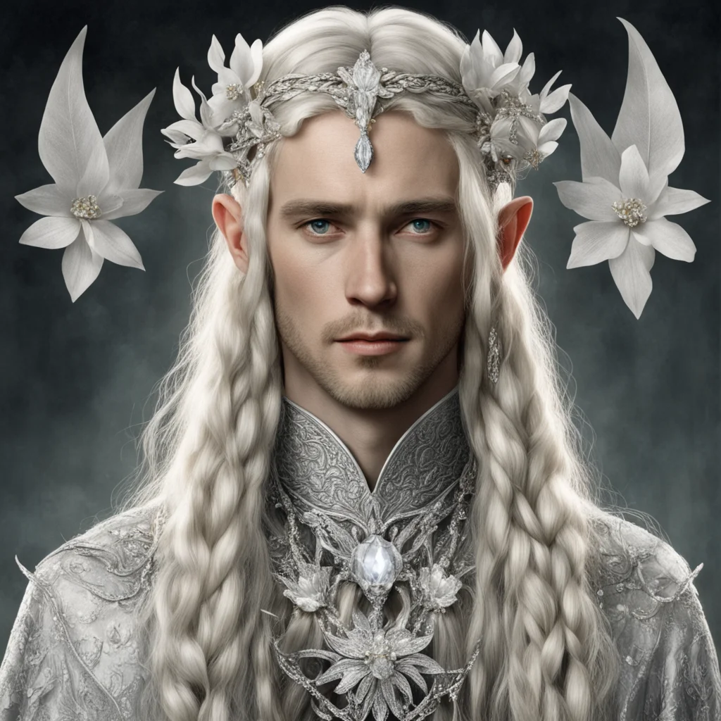 aitolkien king oropher with blond hair and braids wearing silver orchids encrusted with diamonds forming a silver elvish circlet with large center diamond  amazing awesome portrait 2