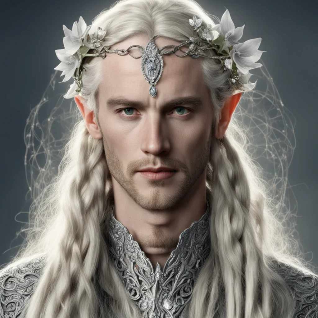 tolkien king oropher with blond hair and braids wearing silver orchids encrusted with diamonds forming a silver elvish circlet with large center diamond  confident engaging wow artstation art 3