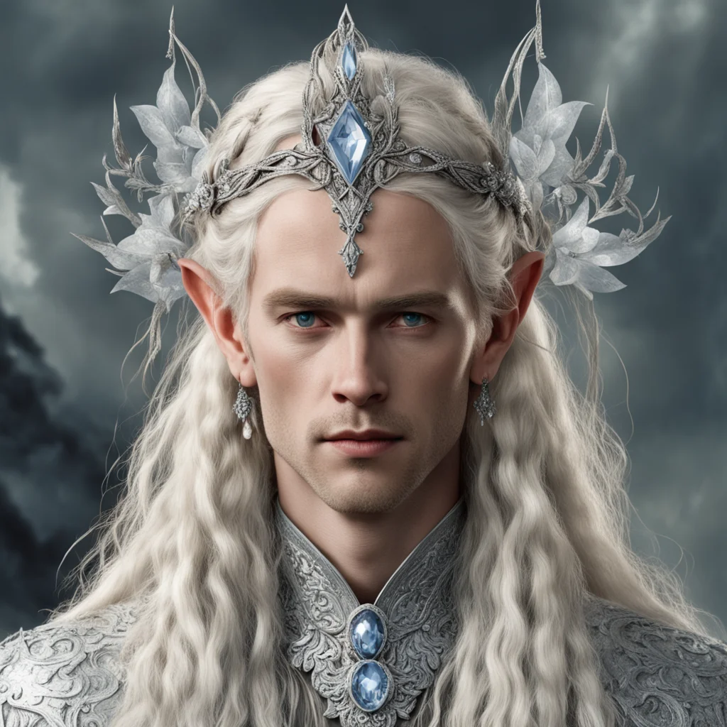 aitolkien king oropher with blond hair and braids wearing silver orchids encrusted with diamonds forming a silver elvish circlet with large center diamond  good looking trending fantastic 1