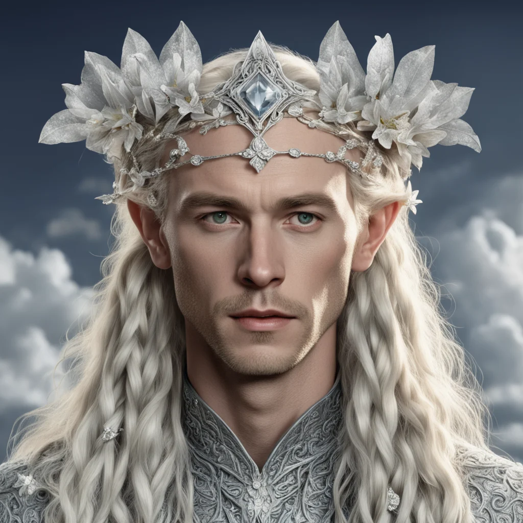 tolkien king oropher with blond hair and braids wearing silver orchids encrusted with diamonds forming a silver elvish circlet with large center diamond 
