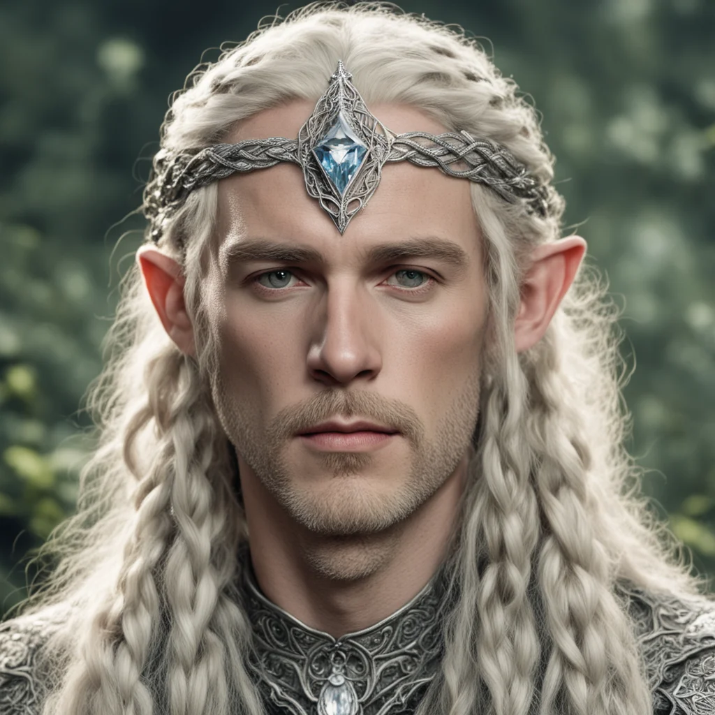 tolkien king oropher with blond hair and braids wearing silver serpentine elvish circlet encrusted with diamonds with large center diamond  good looking trending fantastic 1