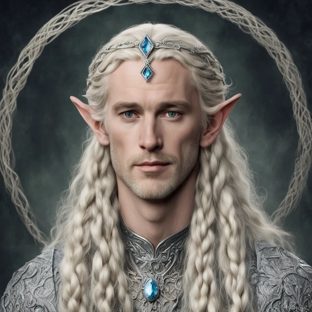 tolkien king oropher with blond hair and braids wearing silver serpentine elvish circlet encrusted with diamonds with large center diamond 