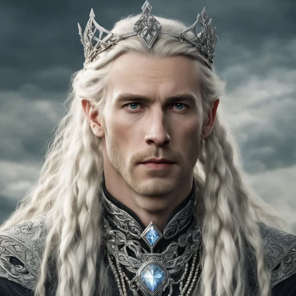 aitolkien king oropher with blond hair and braids wearing silver serpentine elvish circlet encrusted with diamonds with large center diamond