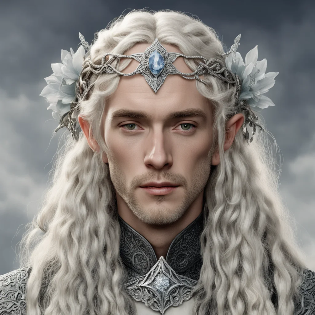 tolkien king oropher with blond hair and braids wearing silver serpentine flowers encrusted with diamonds intertwined to form a silver sindarin elvish circlet with large center diamond  confident en