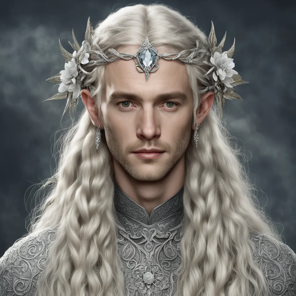 aitolkien king oropher with blond hair and braids wearing silver serpentine flowers encrusted with diamonds intertwined to form a silver sindarin elvish circlet with large center diamond 