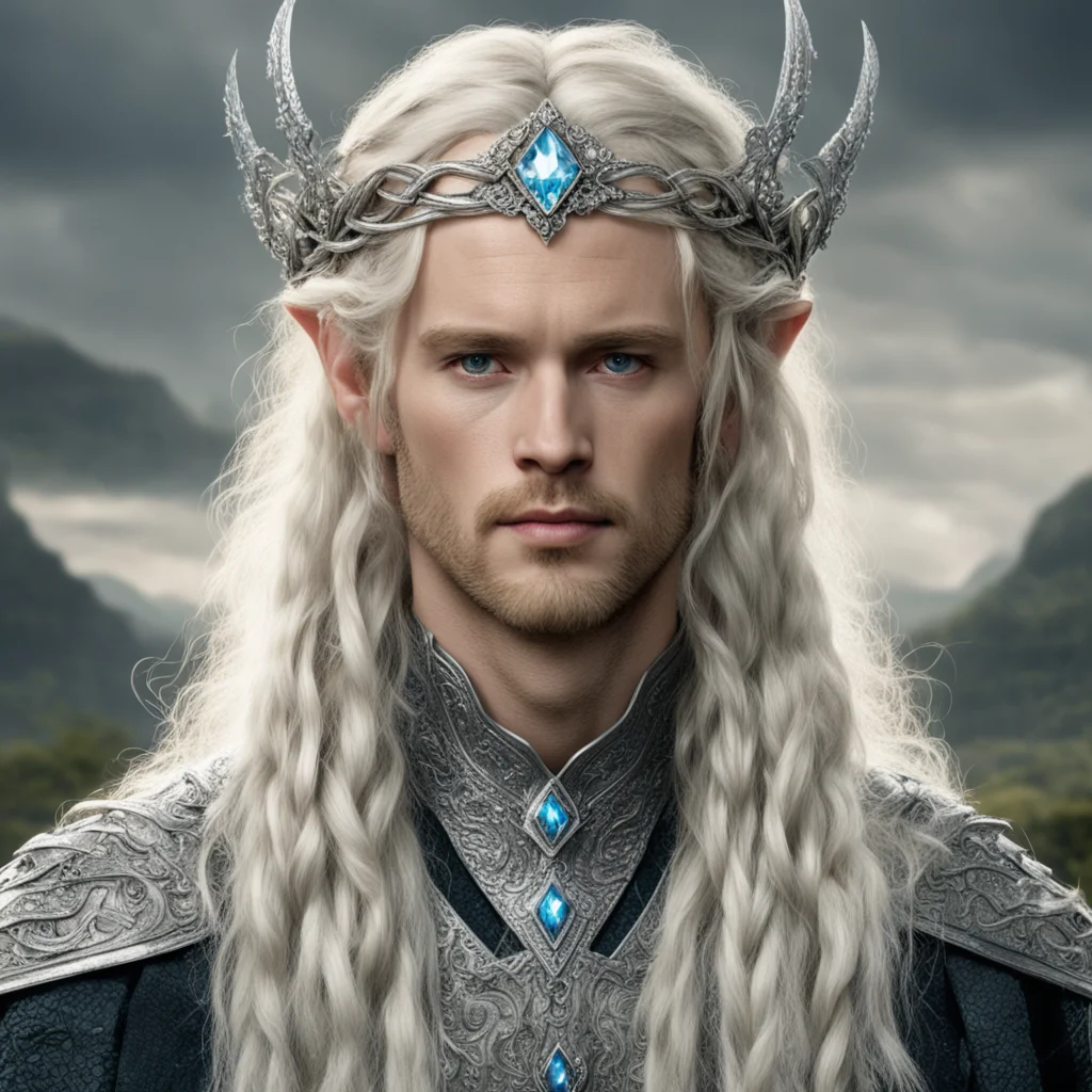 tolkien king oropher with blond hair and braids wearing silver serpentine nandorin elvish circlet encrusted with diamonds with large center diamond  amazing awesome portrait 2