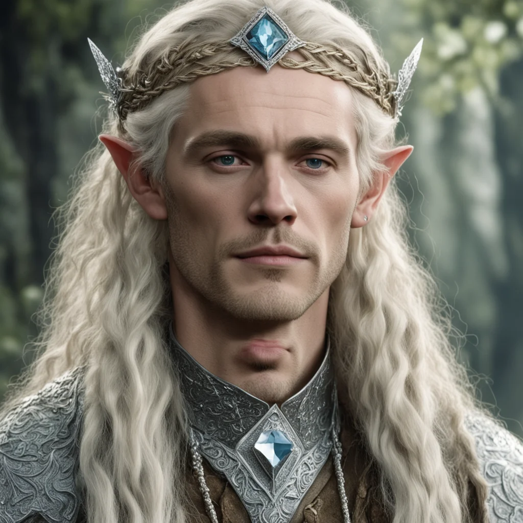 tolkien king oropher with blond hair and braids wearing silver serpentine nandorin elvish circlet encrusted with diamonds with large center diamond  good looking trending fantastic 1