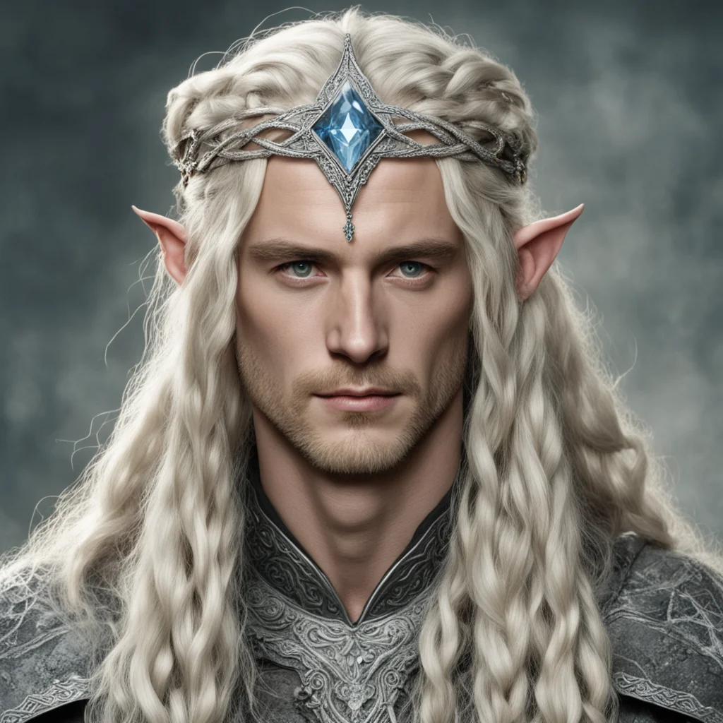 tolkien king oropher with blond hair and braids wearing silver serpentine nandorin elvish circlet encrusted with diamonds with large center diamond 