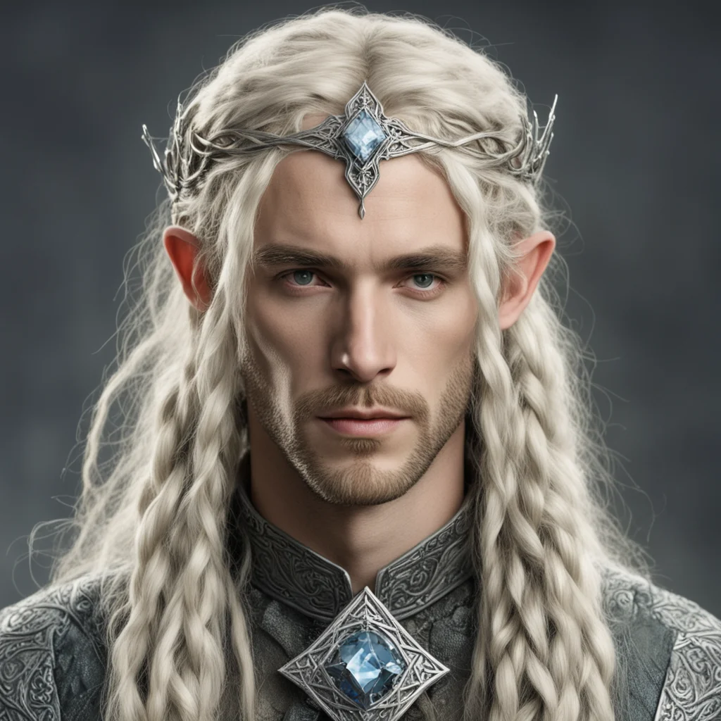 tolkien king oropher with blond hair and braids wearing silver serpentine sindarin elvish circlet with large center diamond