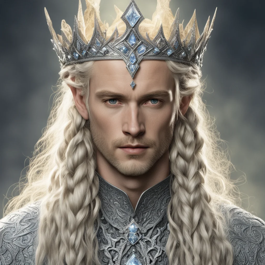 aitolkien king oropher with blond hair and braids wearing silver sindarin elvish crown encrusted with diamonds with large center diamond  good looking trending fantastic 1