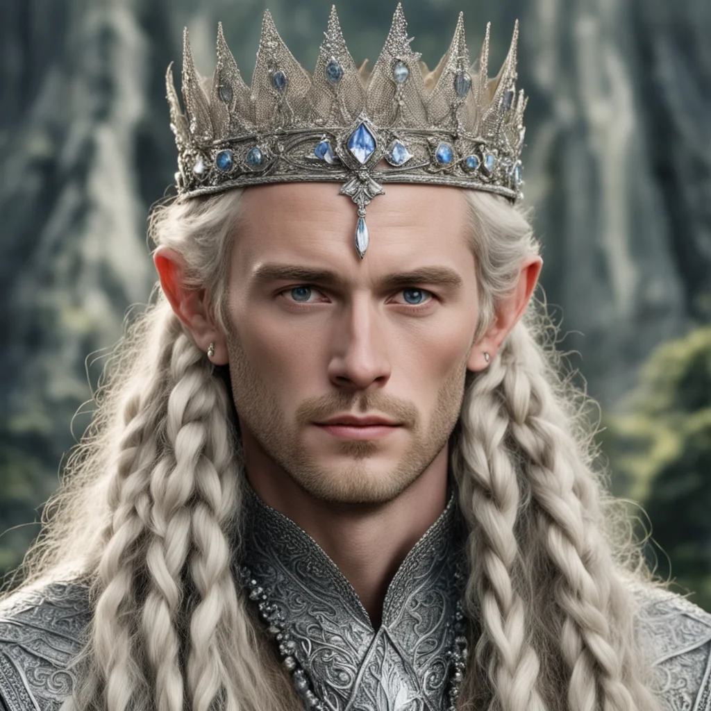 tolkien king oropher with blond hair and braids wearing silver sindarin elvish crown encrusted with diamonds with large center diamond 