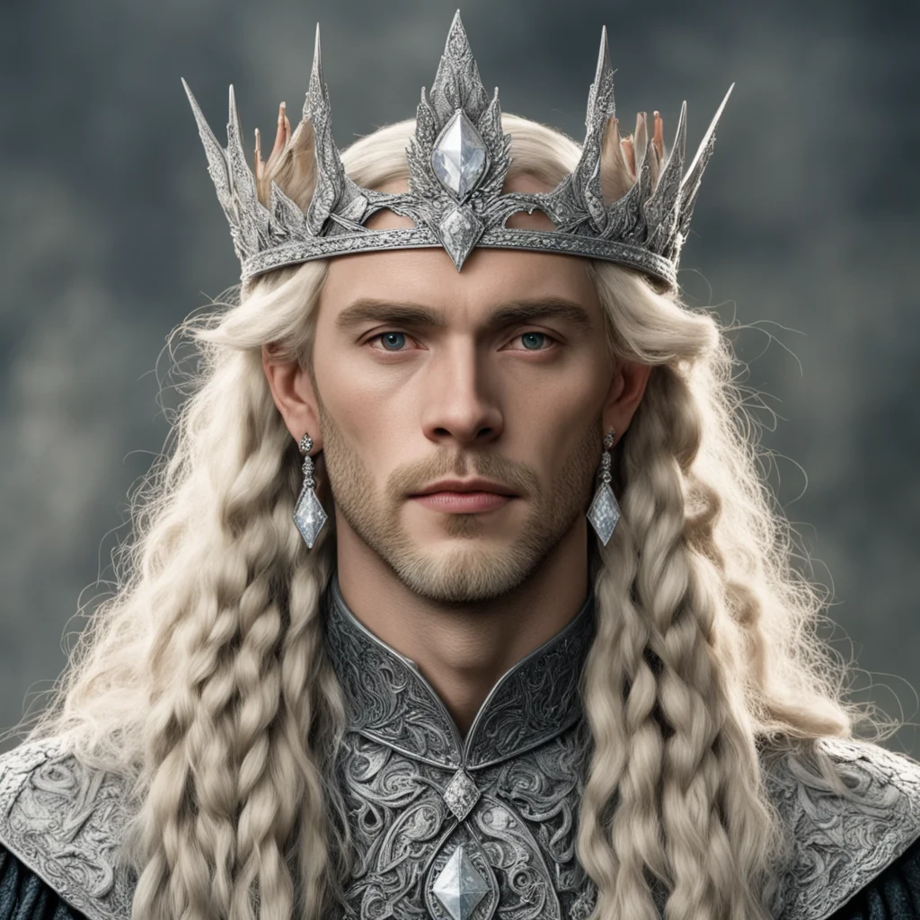aitolkien king oropher with blond hair and braids wearing silver sindarin elvish crown encrusted with diamonds with large center diamond amazing awesome portrait 2