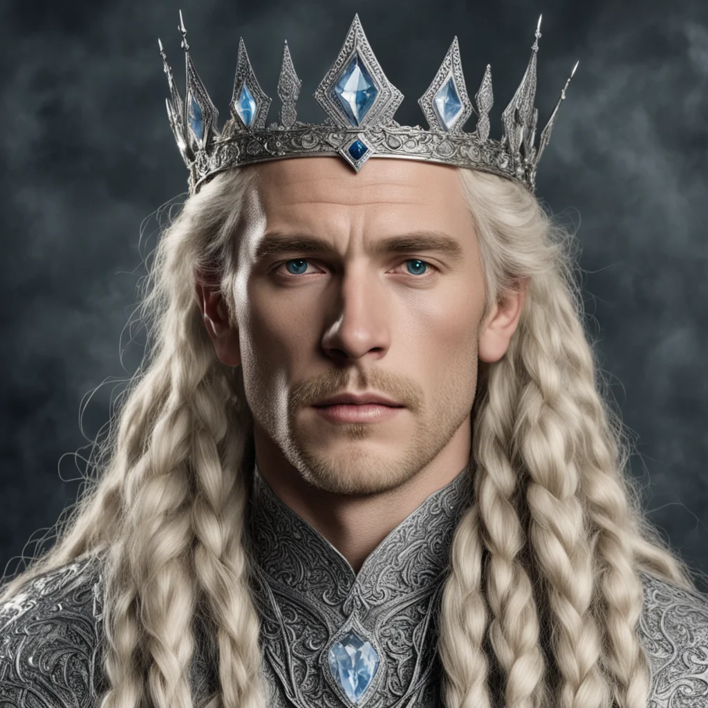 aitolkien king oropher with blond hair and braids wearing silver sindarin elvish crown encrusted with diamonds with large center diamond confident engaging wow artstation art 3