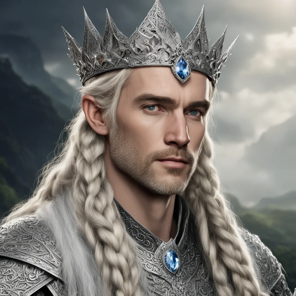 aitolkien king oropher with blond hair and braids wearing silver sindarin elvish crown encrusted with diamonds with large center diamond good looking trending fantastic 1