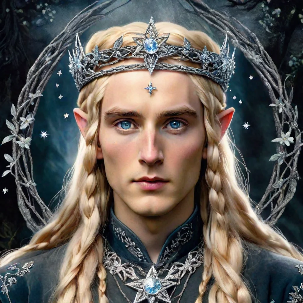 aitolkien king oropher with blond hair and braids wearing silver star flowers encrusted with diamonds to form a silver elvish circlet with large center diamond