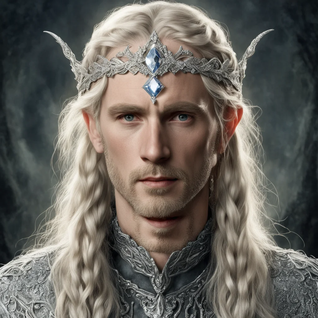 aitolkien king oropher with blond hair and braids wearing silver strings of diamonds and wearing silver elvish circlet encrusted with diamonds with large center diamond amazing awesome portrait 2