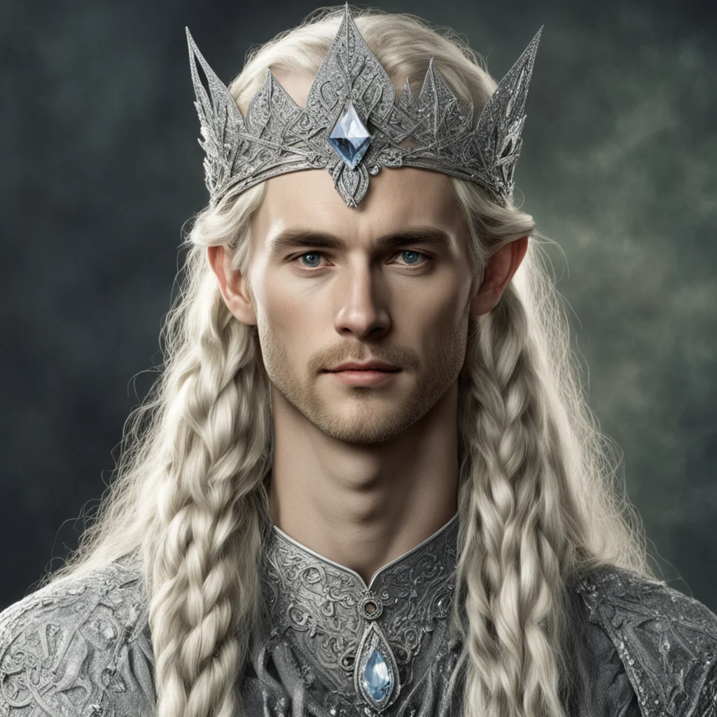 aitolkien king oropher with blond hair and braids wearing silver strings of diamonds and wearing silver elvish circlet encrusted with diamonds with large center diamond