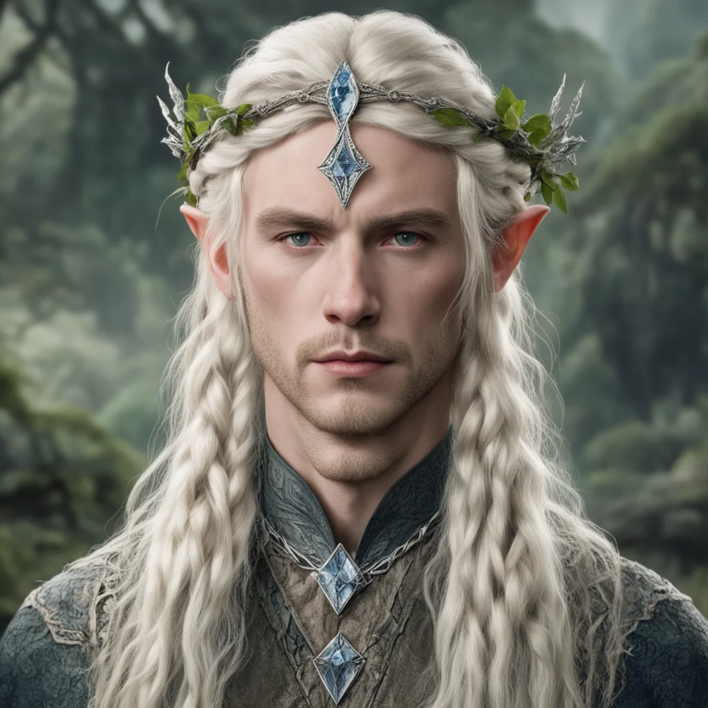 aitolkien king oropher with blond hair and braids wearing silver twig and diamond berry elvish circlet with large center diamond amazing awesome portrait 2