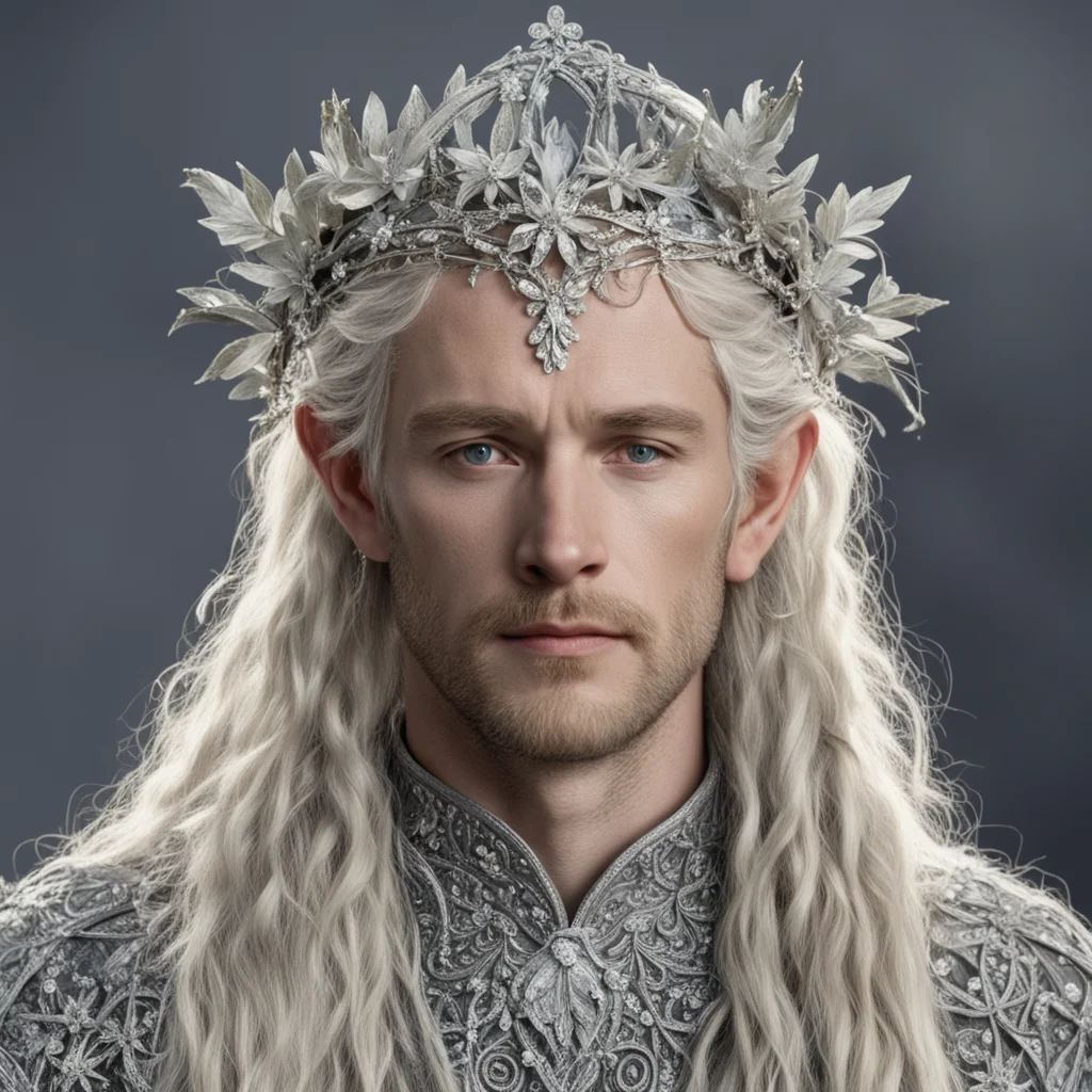tolkien king oropher with blond hair and braids wearing silver twigs and silver flowers encrusted with diamonds to form a silver elvish circlet with large center diamond confident engaging wow artst