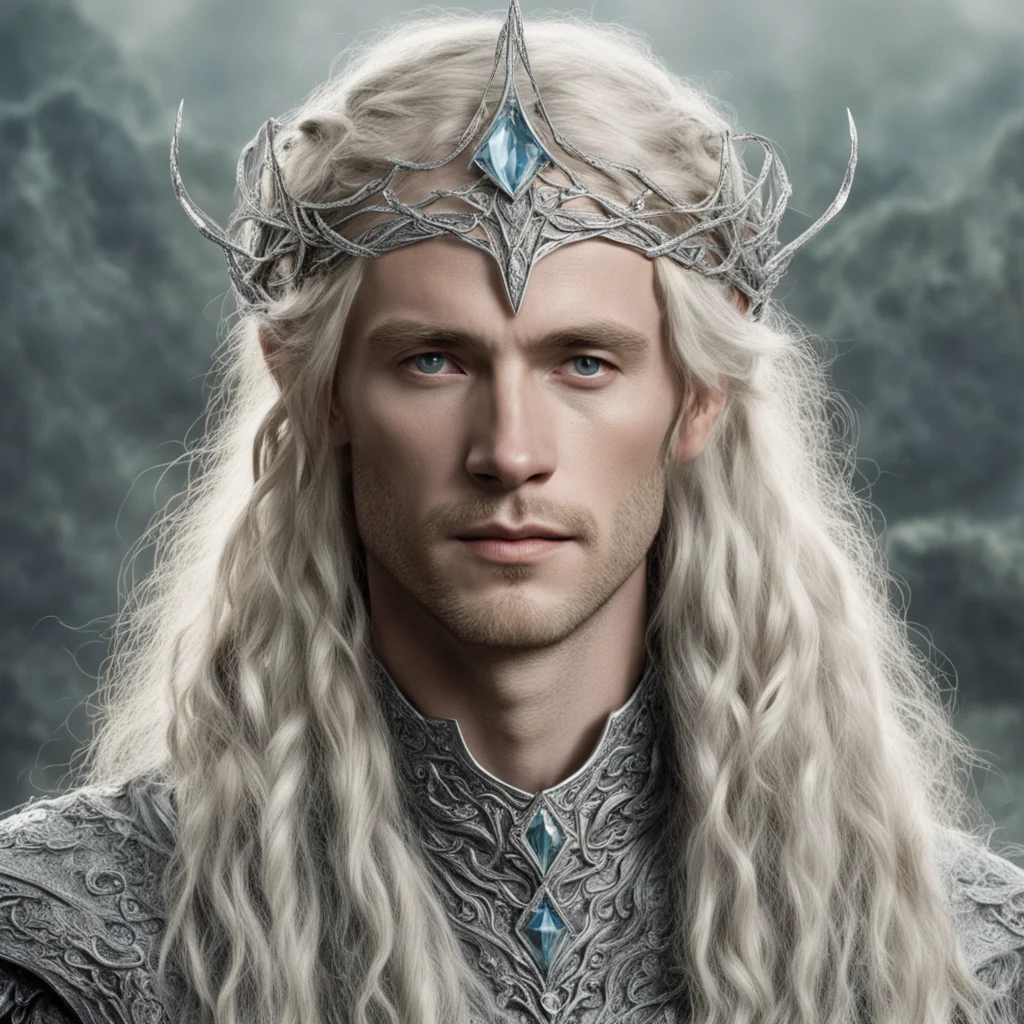 tolkien king oropher with blond hair and braids wearing silver twigs encrusted with diamonds intertwined to form a silver serpentine elvish circlet with large center diamond confident engaging wow a