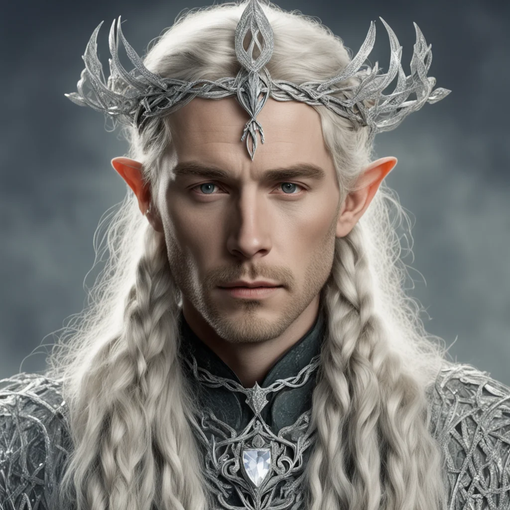 aitolkien king oropher with blond hair and braids wearing silver twigs encrusted with diamonds intertwined to form a silver serpentine elvish circlet with large center diamond