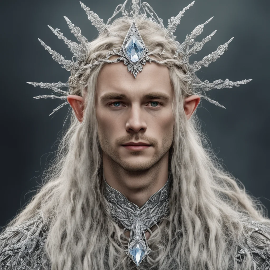 tolkien king oropher with blond hair and braids wearing silver twigs encrusted with diamonds with large diamond clusters to form a silver elvish circlet with large center diamond confident engaging 